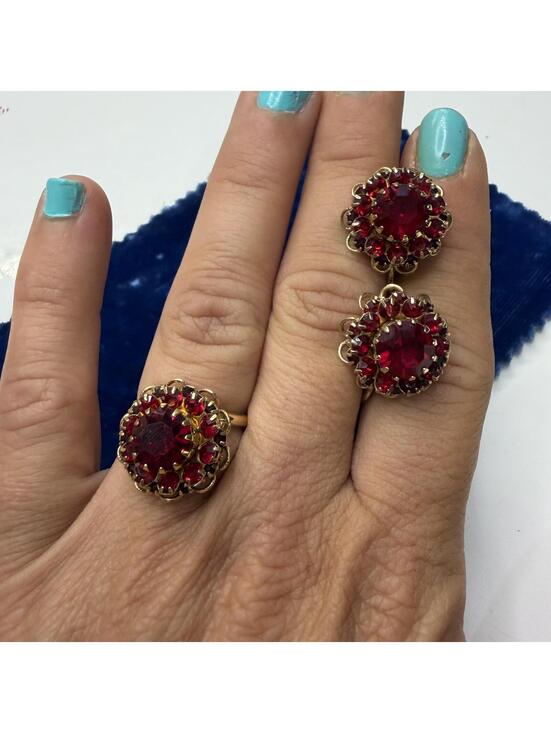 Sarah Coventry Jewelry - Sara Coventry 1960s red rhinestone adjustable ring and clip earrings Vintage